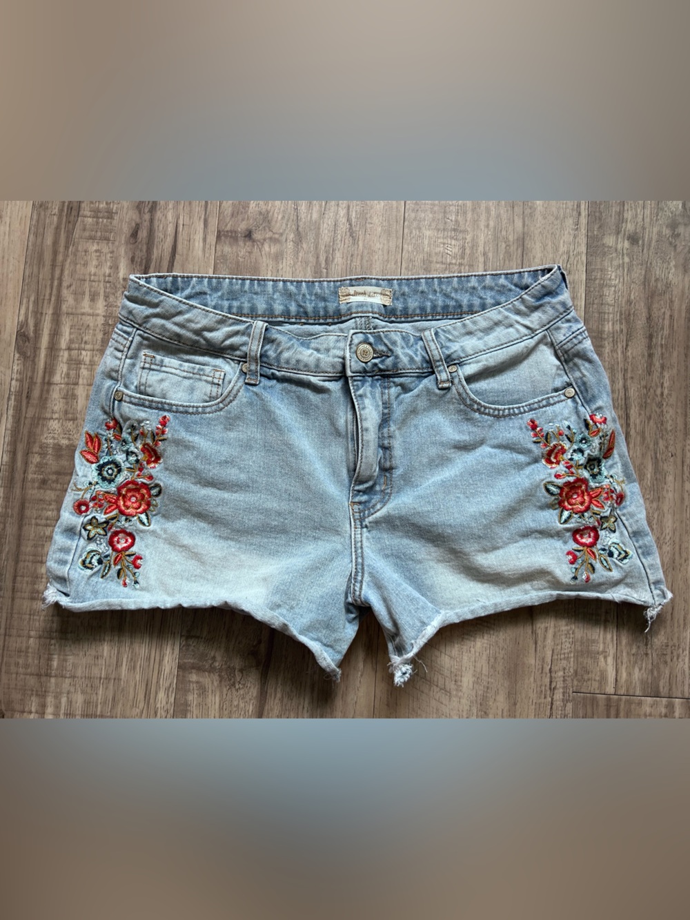 Altar'd State Light Blue Denim Shorts with Red Floral Embroidery boho beachy